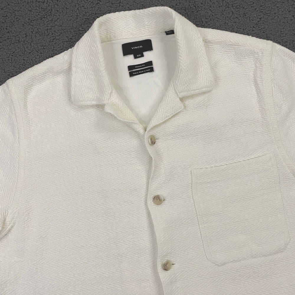 Vince Textured Herringbone Shirt Mens Medium White Short Sleeve Knit Camp Collar